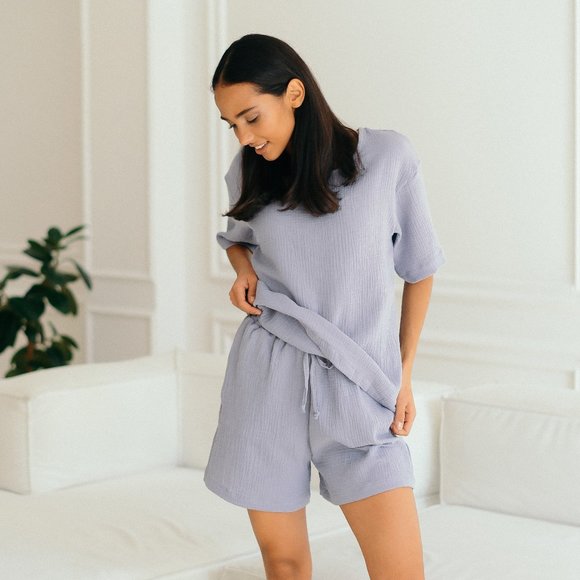 Muslin Cotton Womens Pajama Sets - Short Sleeve and Shorts Pajamas - Cute Pajama - Picture 1 of 8